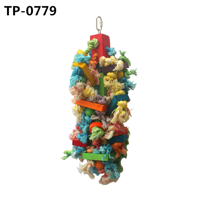 Natural Wooden Parrot Blocks Cotton Knots Bird Cage Shredding Toy for African Grey Macaws Cockatoos