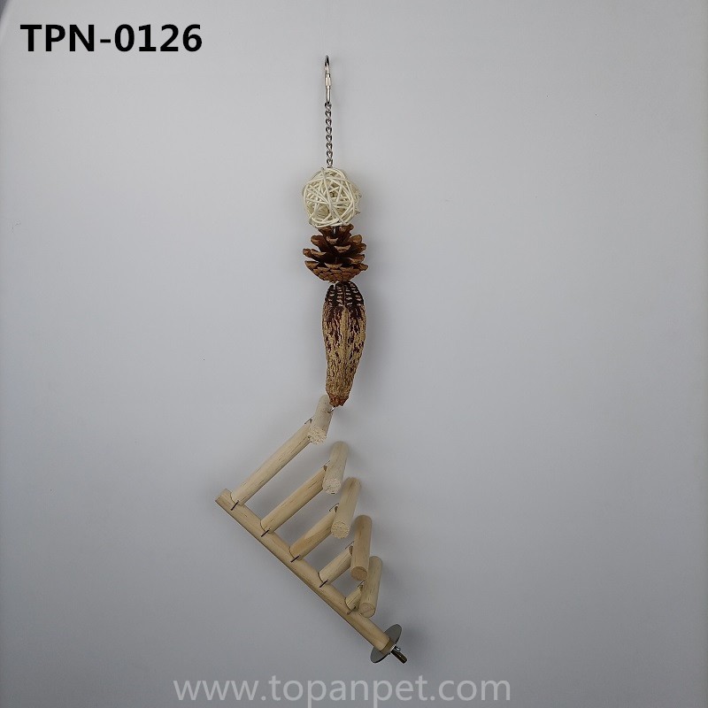 Parrot Wooden Ladder Bird Toys, Long Tailed Parrot Toys with Rattan Ball,Carambola and Pure Natural Pine Cones, Fun Bird Cage Accessories​TPN-0126